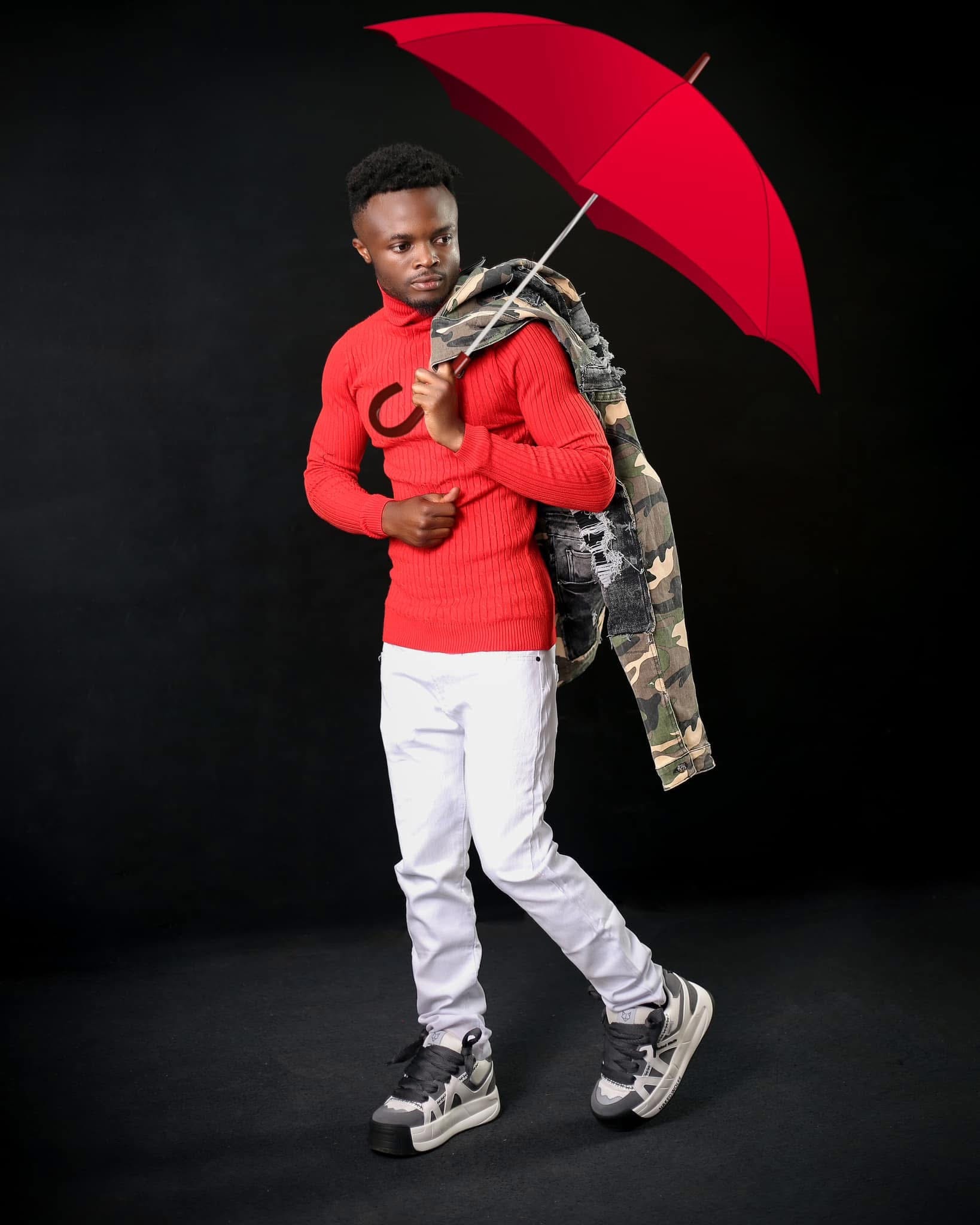 DE LA ROSE — red umbrella portrait